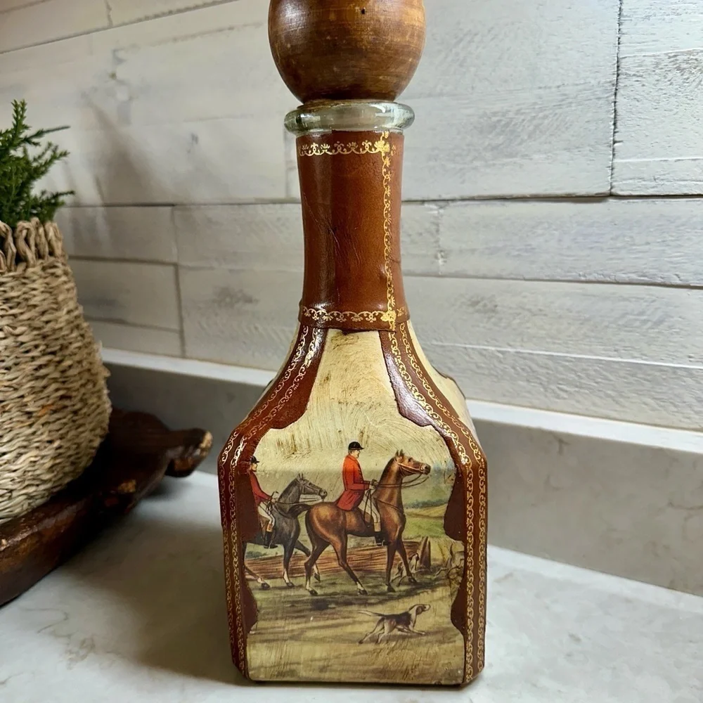 VINTAGE, GENUINE ITALIAN LEATHER-WRAPPED, EMPTY, GLASS LIQUOR DECANTER.